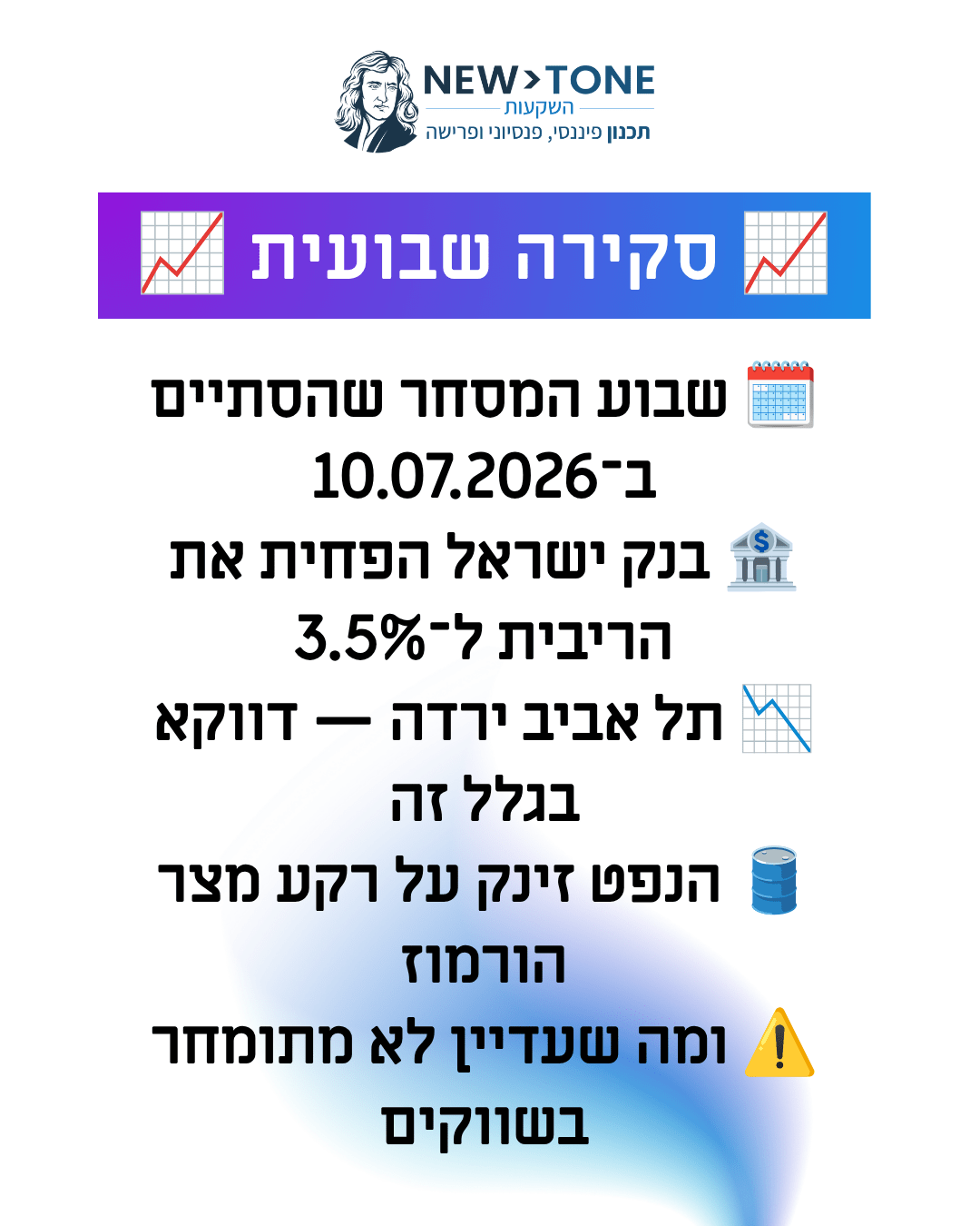 שער הסקירה השבועית של NEW-TONE השקעות לשבוע המסחר שהסתיים ב-10 ביולי 2026